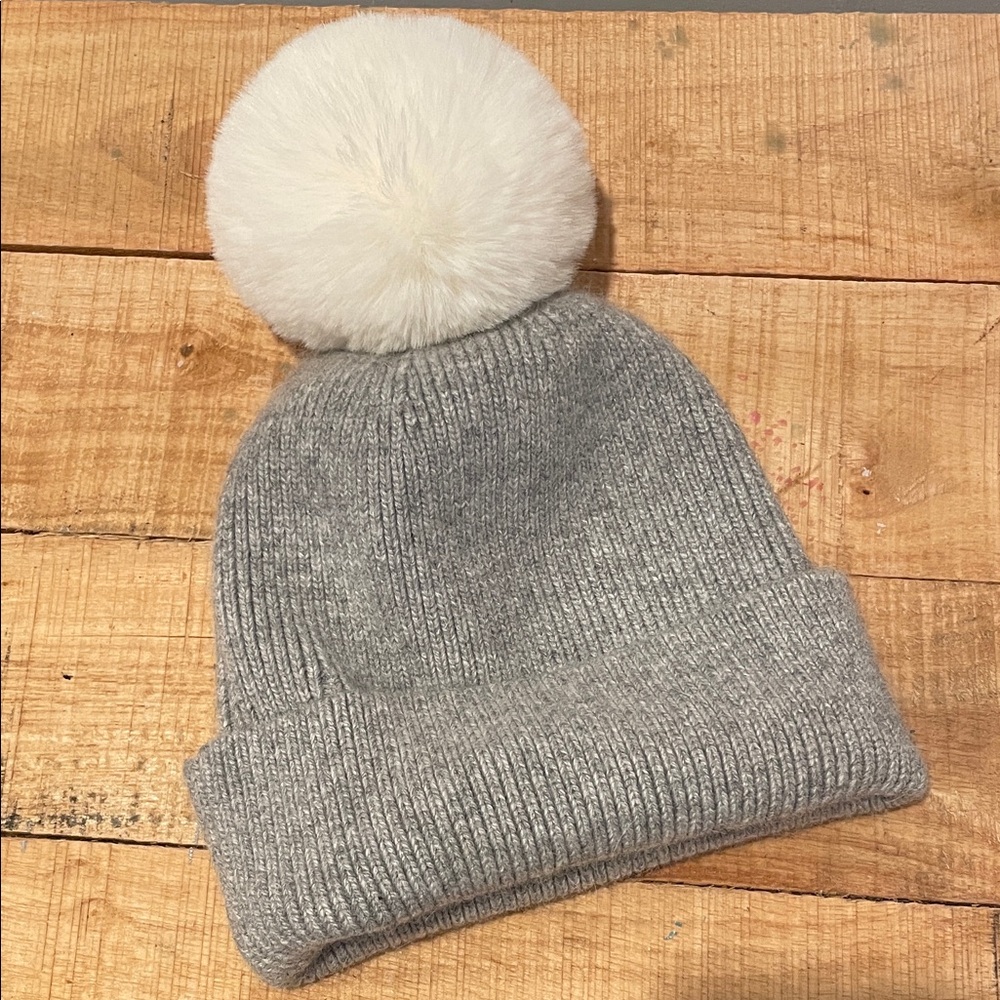 Anthropologie Gray Knit Hat with White Pom-Pom